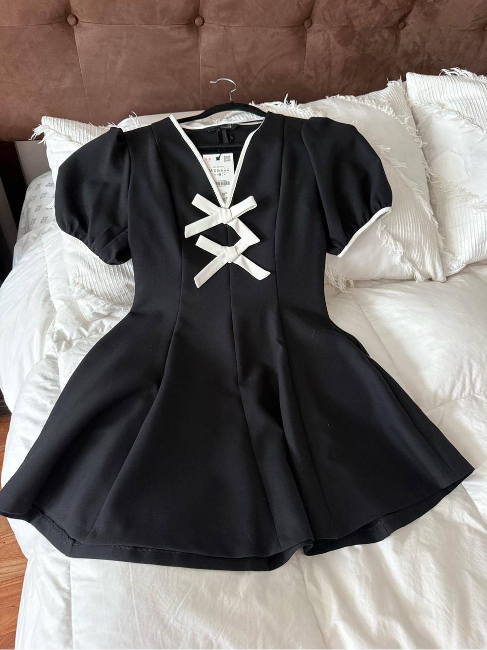 Zara Black Fit-and-Flare Puff-Sleeve Dress with White Trim